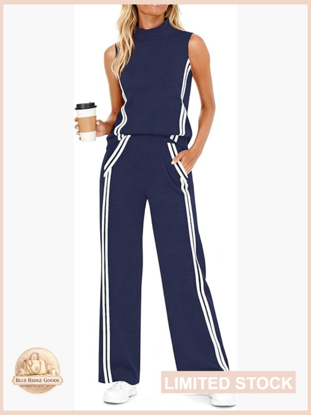 Womens 2 Piece Lounge Set Mock Neck Tank Top Wide Leg Pants Stripes Travel